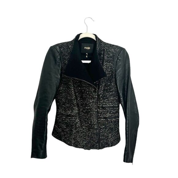 MAJE Leather Alpaca wool biker jacket - Picture 1 of 8